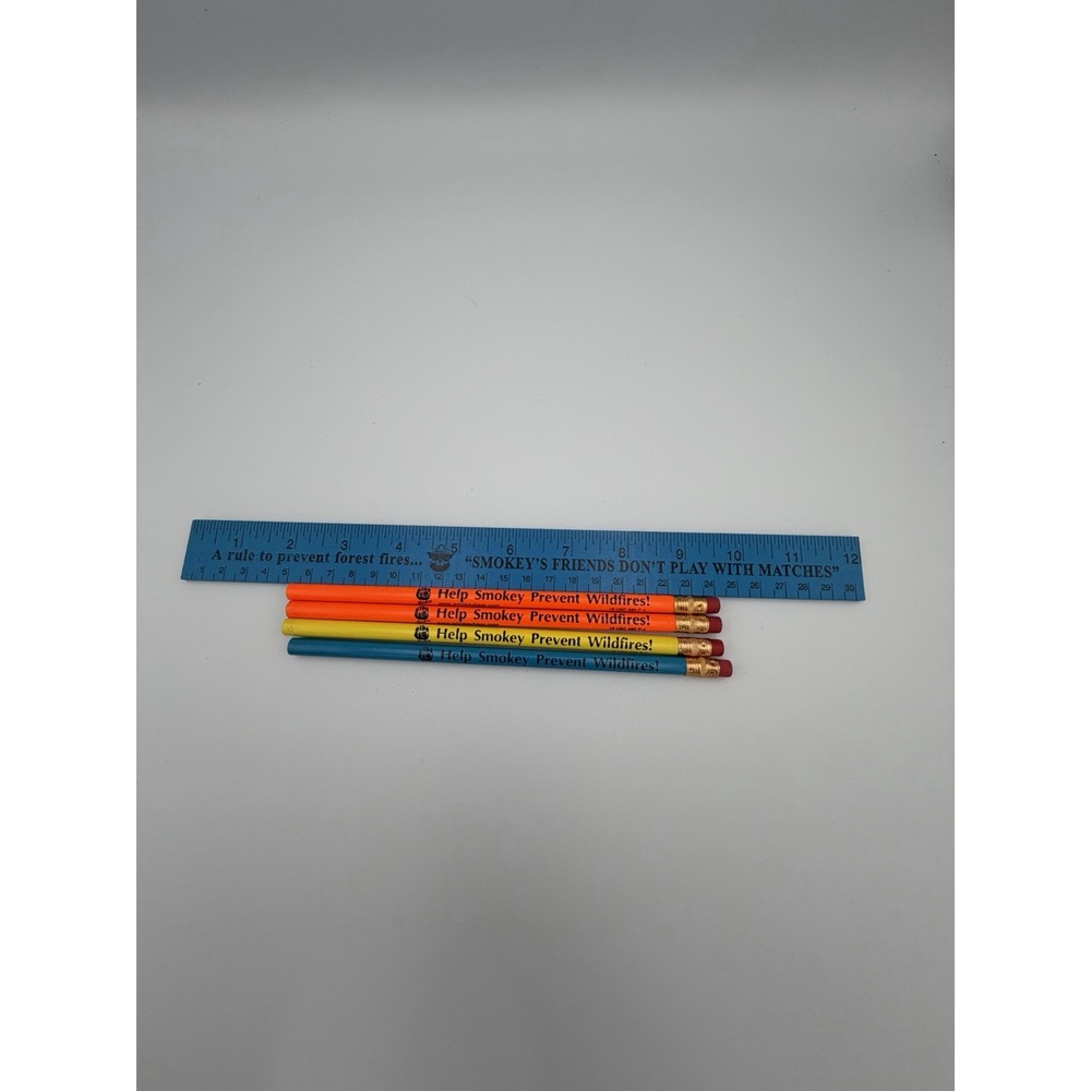 Vtg Smokey Bear Ruler & 4 Pencils Lot Prevent Wildfires Retro School Supplies